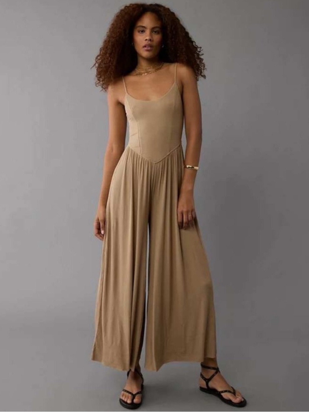American Eagle Soft & Sexy Rib Wide Leg Jumpsuit Tan Size Medium